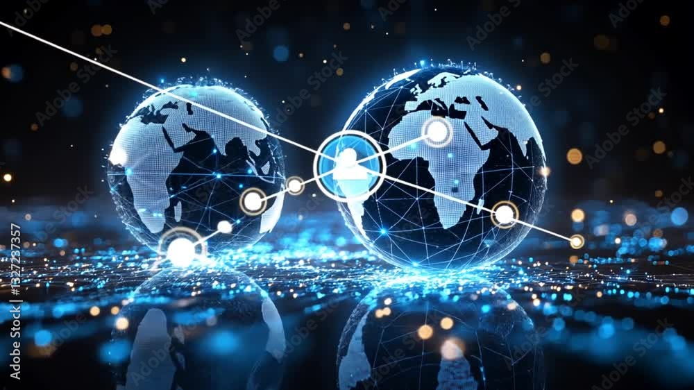 Two interconnected digital globes representing global connectivity and technology advancements