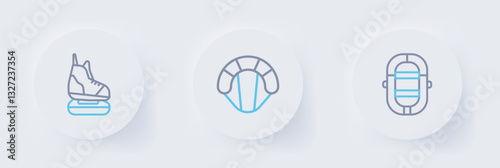Set line Rafting boat, Parachute and Skates icon. Vector