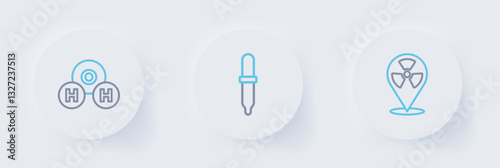 Set line Radioactive in location, Pipette and Chemical formula for H2O icon. Vector