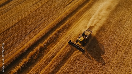 Combine Harvester Operating in Golden Wheat Field During Harvest Season Showcasing Modern Farming Technology and Equipment