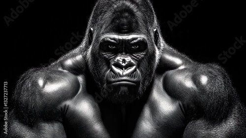 A muscular gorilla showing its raw power and intensity in a dramatic lighting setup over black background