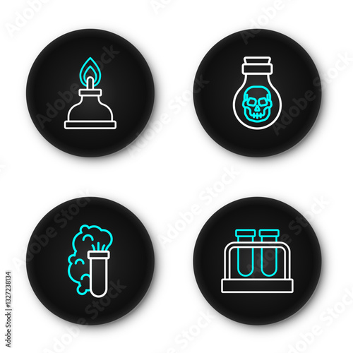 Set line Test tube and flask, Chemical explosion, Poison in bottle and Alcohol or spirit burner icon. Vector