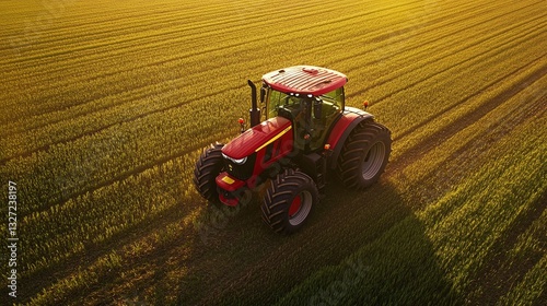 Red Tractor in Golden Fields at Sunrise Highlighting Modern Farming Practices and Agricultural Machinery