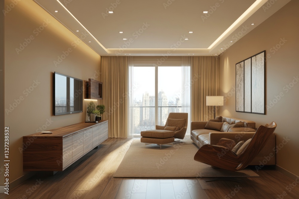 Fototapeta premium Modern living room with city view, beige tones, wooden furniture, and recessed lighting.