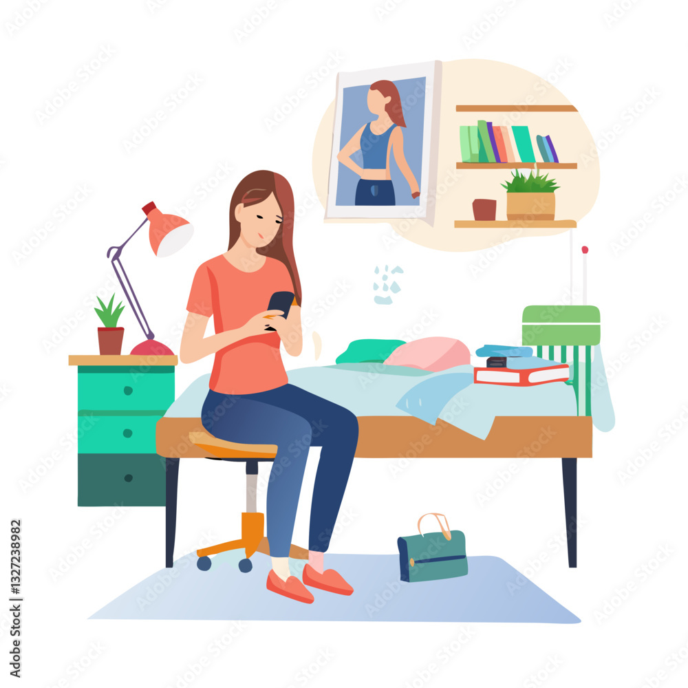 Cartoon office worker sitting at desk working on computer in office with book and other items