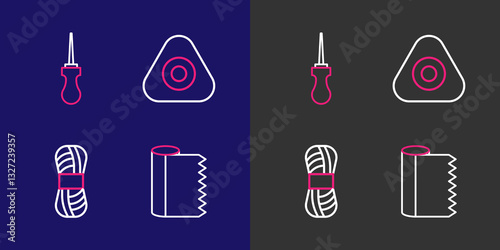 Set line Textile fabric roll, Yarn, Sewing chalk and Awl tool icon. Vector