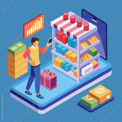 A man uses his tablet for online shopping in an isometric perspective