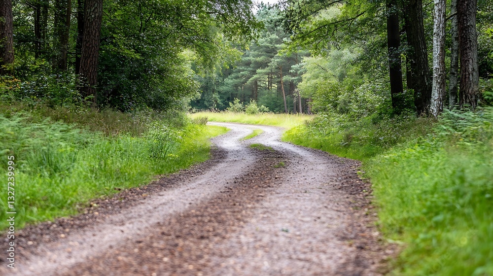 Fototapeta premium Winding dirt path through lush green forest with trees on either side inviting exploration : Generative AI