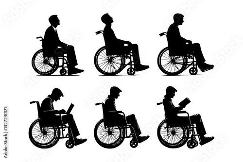 Collection of silhouettes showing men using wheelchairs, working on laptops and reading books. Vector illustration.