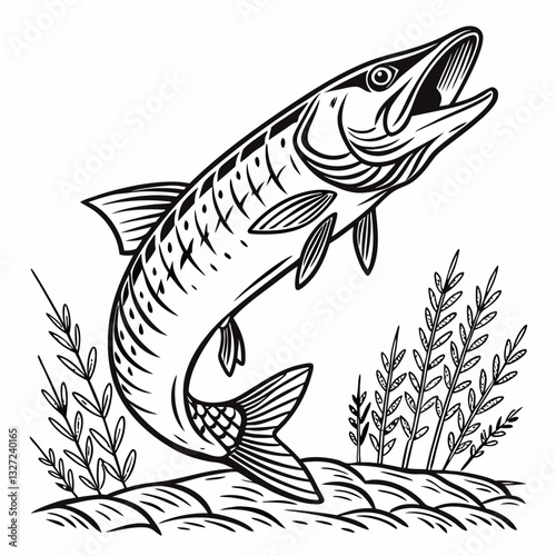 Muskie's Leap. Dynamic grayscale illustration captures a muskie fish leaping out of the water, surrounded by aquatic plants.