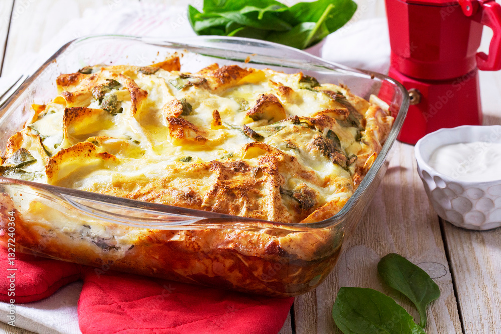 Traditional Bulgarian or Balkan pie banitsa made from filo dough, cream cheese and spinach.