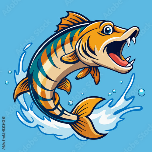 A vibrant illustration of a pike fish leaping through the water, capturing its energy and aquatic prowess.