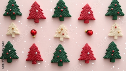 Festive Christmas Cookies with Colorful Decorations Arranged Symmetrically on a Pink Holiday Background