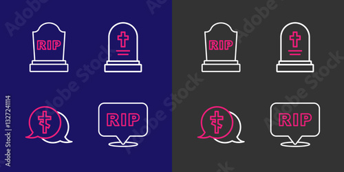 Set line Speech bubble rip death, Grave with cross, tombstone and Tombstone RIP written icon. Vector