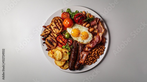 A Full English Breakfast, with bacon, sausage, eggs, baked beans, grilled tomatoes, and hashbrowns