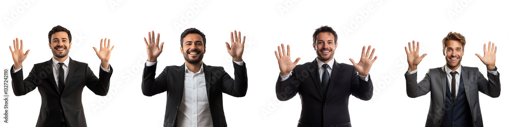 Collection of businessmen smiling and raising both hands for presentation isolated on transparent background Collection of businessmen smiling and raising both hands for presentation isolated on transparent background