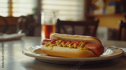 A hot dog with mustard, ketchup and relish