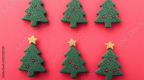 Festive Christmas Cookies with Colorful Decorations Arranged Symmetrically on a red Background