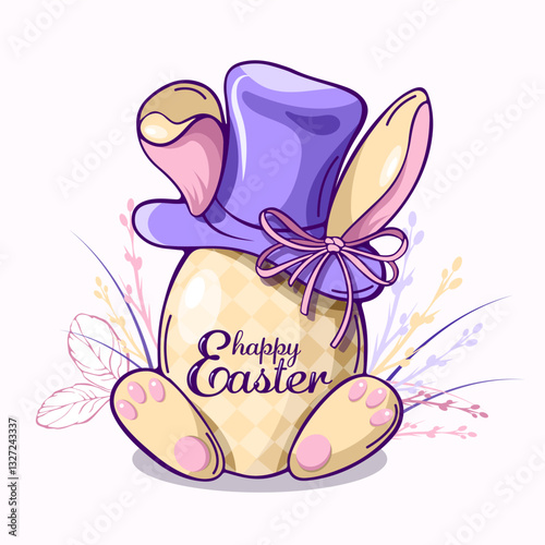cartoon where easter egg with bunny ears in purple hat with bow, easter drawn card