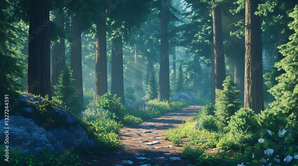 Naklejka premium Quiet Forest Trail with Tall Pine Trees