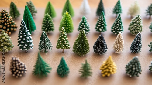 Miniature Christmas Trees in Festive Arrangement Showcasing Diverse Designs and Holiday Decoration Inspiration