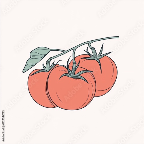 Three ripe tomatoes attached to a green vine in a simple and fresh design