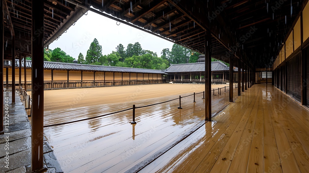 Fototapeta premium Serene Courtyard of Traditional Japanese Architecture Under Rainy Sky with Reflections