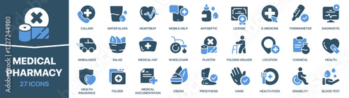 Medical and pharmacy colored signed icon collection. Medicine, ambulance, health, pills icons. UI icon set. Colored icons pack. Vector illustration