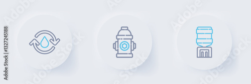 Set line Water cooler, Fire hydrant and Recycle clean aqua icon. Vector