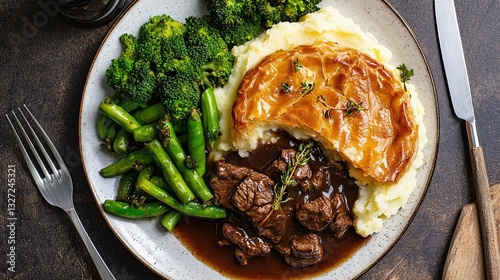 A plate of steak and kidney pie, a hearty pie filled with meat and vegetables, served with mashed potatoes and vegetables
