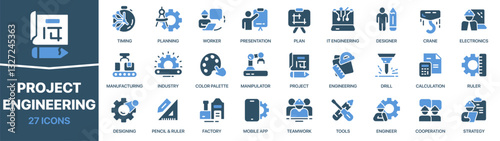 Project and engineering colored signed icon collection. Plan, design, tools, engineer icons. UI icon set. Colored icons pack. Vector illustration
