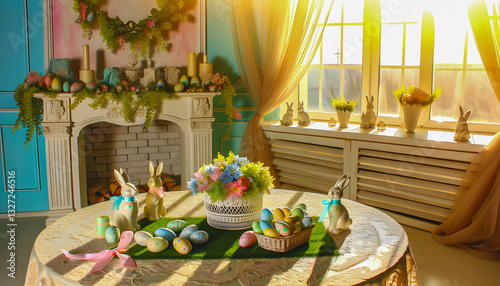 colorful easter table with painted eggs woven baskets pastel flowers bunny figurines candles spring wreath soft linens festive treats sunlight through window cheerful seasonal home
