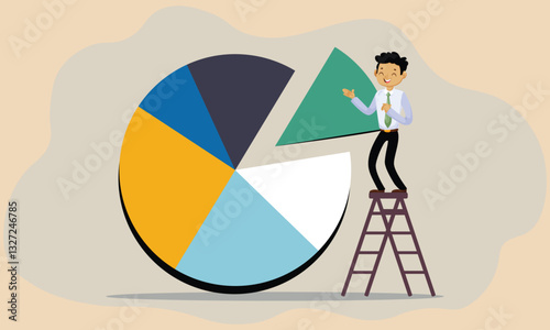 Businessman investor or financial planner standing on ladder to arrange pie chart as rebalancing investment portfolio to suitable for risk and return.