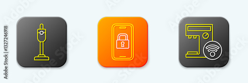 Set line Vacuum cleaner, Digital door lock and Smart coffee machine icon. Vector