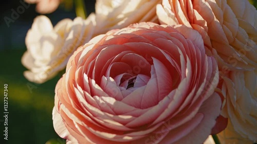 A soft pink ranunculus flower in full bloom displays its intricate, layered petals in beautiful natural light, creating an elegant and romantic floral portrait