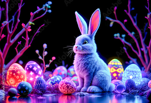 adorable easter bunny sitting in green grass surrounded by colorful painted eggs spring flowers blooming nearby soft sunlight casting gentle shadows festive and cheerful holiday atmosphere