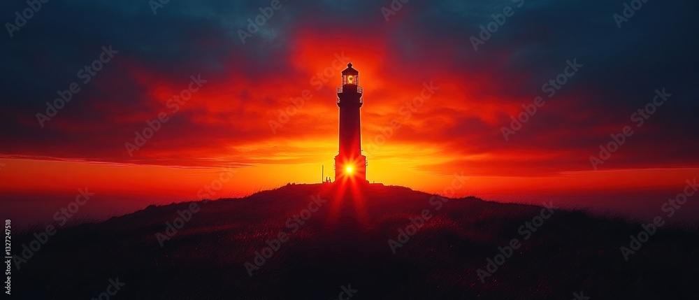 Fototapeta premium Lighthouse Sunset: A fiery spectacle of nature's beauty, silhouetted against a vibrant orange sky, the lighthouse stands tall, a beacon of hope and guidance.