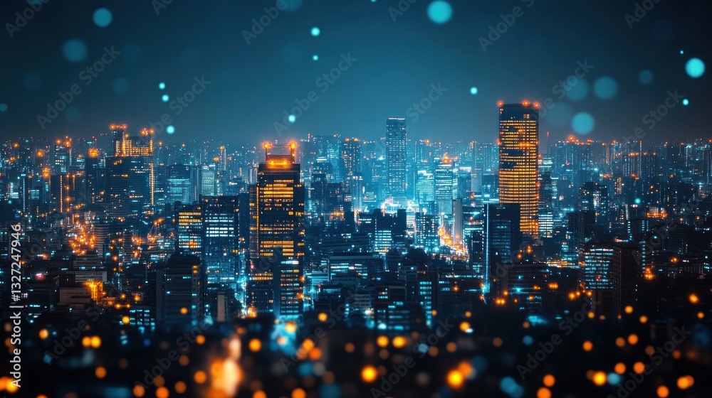 Fototapeta premium Night cityscape aerial view, city lights bokeh, urban glow