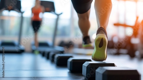 Dynamic scene of a fit male athlete running on fitness equipment in a modern gym focused on training and stamina : Generative AI