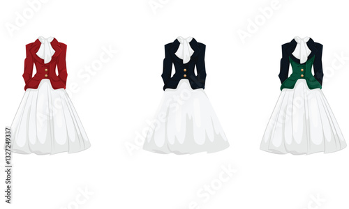 This elegant Victorian-inspired dress features a white flowing skirt, a fitted jacket in red, black, or green with gold buttons, and a classic white bow tie. A perfect blend of vintage charm.