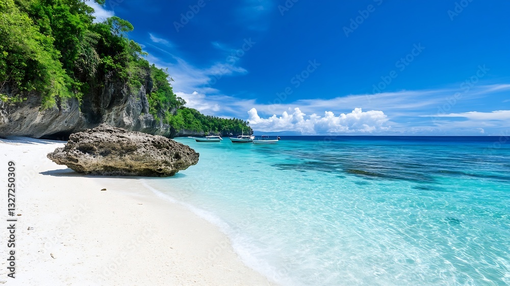 Tropical Beach with Crystal Clear Water and Soft White Sand Surrounded by Lush Greenery : Generative AI Tropical Beach with Crystal Clear Water and Soft White Sand Surrounded by Lush Greenery : Generative AI
