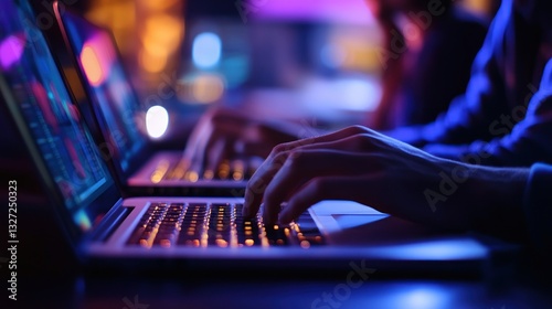 Night work, people typing on laptops, illuminated by city lights