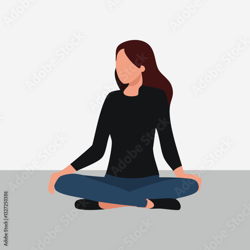 A young woman sitting cross legged on the floor and meditating. Meditation, relaxation at home, spiritual practice, yoga and breathing exercise