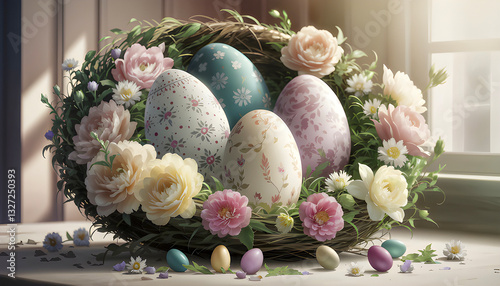 pastel eggs in woven baskets colorful garlands fresh tulips on a wooden table soft bunny figurines sunlight through windows festive and cheerful springtime easter celebration with handmade charm