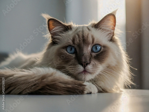 Curious ragdoll cat peeking over a white table with soft lighting. photo