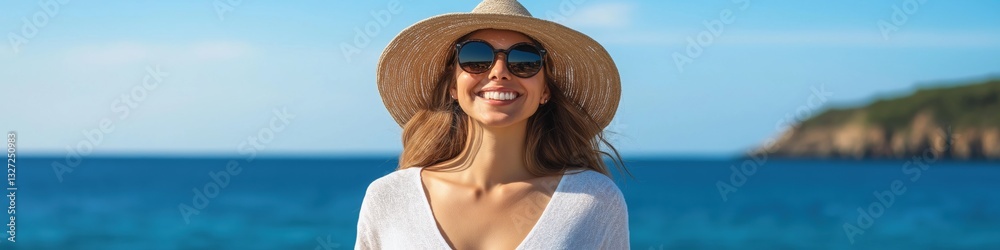 A woman is smiling and wearing a straw hat and sunglasses. She is standing on a beach near the ocean A woman is smiling and wearing a straw hat and sunglasses. She is standing on a beach near the ocean