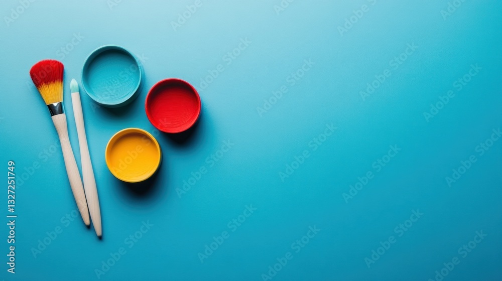 Colorful paintbrushes and cups on blue background Colorful paintbrushes and cups on blue background