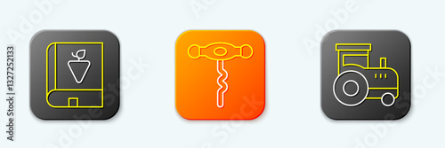 Set line Book about grapes, Wine corkscrew and Tractor icon. Vector
