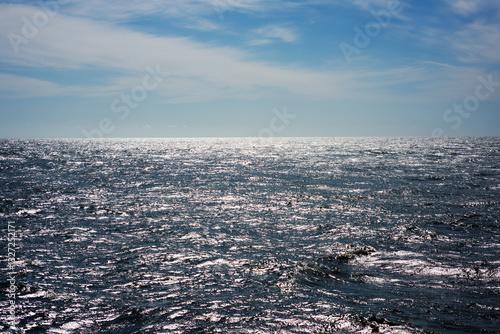The front view in the morning sky is bright blue with clear white clouds. And the ocean deep indigo in daylight. Feeling calm, cool, relaxing. The idea for cold background and copy space on the top.