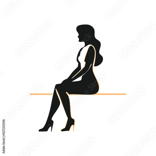 Black silhouette young girl in sitting pose wearing casual clothes cartoon character fashion female model design flat vector illustration isolated on white background